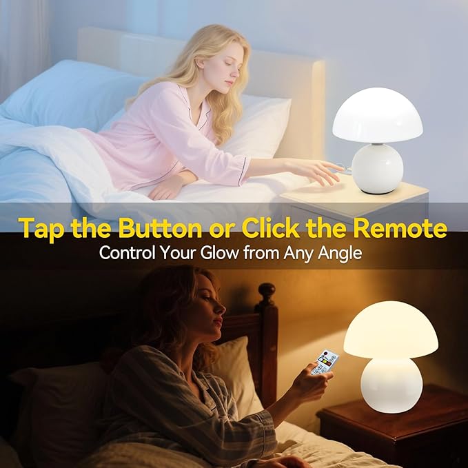 Remote Control Mushroom Lamp with Timer – 3-Color Dimmable Bedside Light, Ceramic Base & Glass Shade, Modern Decorative Night Lamp for Bedroom, Living Room, and Home Office (Pearl White)