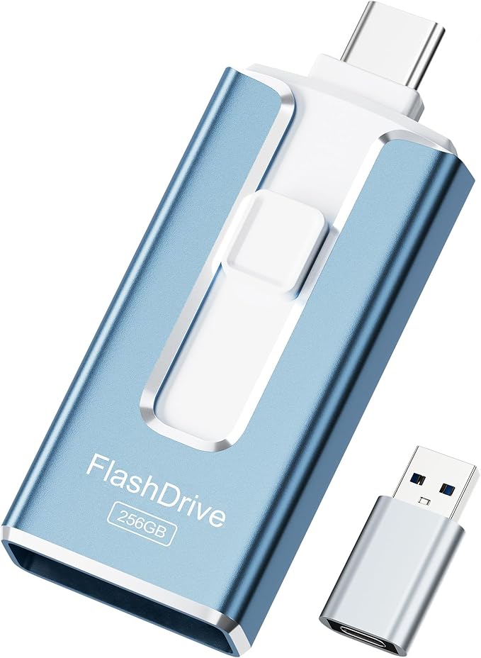 MFi Certified 256GB Flash Drive for iPhone, 3 in 1 Type-C USB Memory Stick Thumb Drive for Photos Videos, High Speed External Memory Storage Photo Stick for iPhone iPad Android PC (Sky Blue)