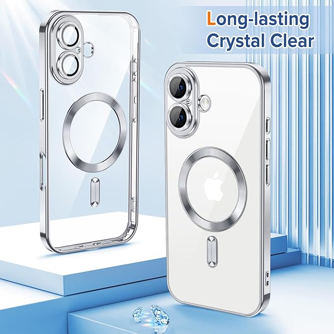 Hython Magnetic Clear for iPhone 16 Case with Camera Lens Protector [Compatible with MagSafe] Luxury Plating Edge Slim Soft TPU Cover Protective Phone Case for iPhone 16 6.1", Silver