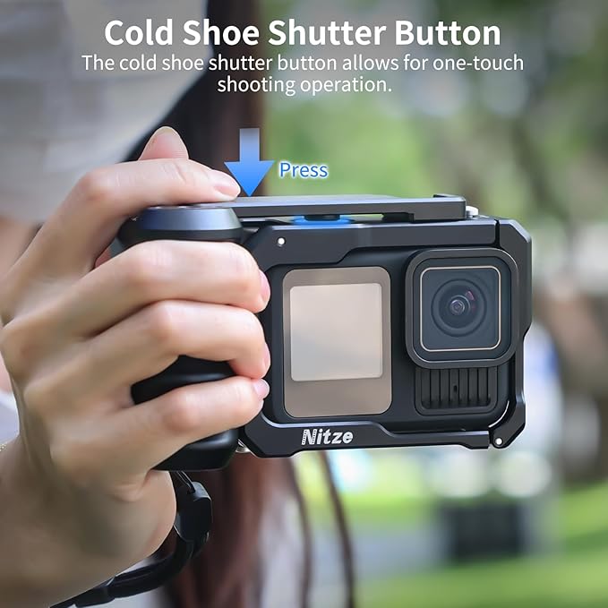 Nitze Street Snap Grip Kit for GoPro Hero 13/12/11/10/9 Black, Metal Xplorer Grip Kit with Cage, Ergonomic Street Handle, Wrist Strap and Cold Shoe Shutter Button - T-GP03B