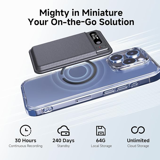 AI Voice Recorder with Transcribe＆Summarize, App Control Audio Recorder Support Al Noise Cancellation Technology with 80+ Languages, Note Taker with 64GB Memory, Audio Device for Meeting, Call, Grey