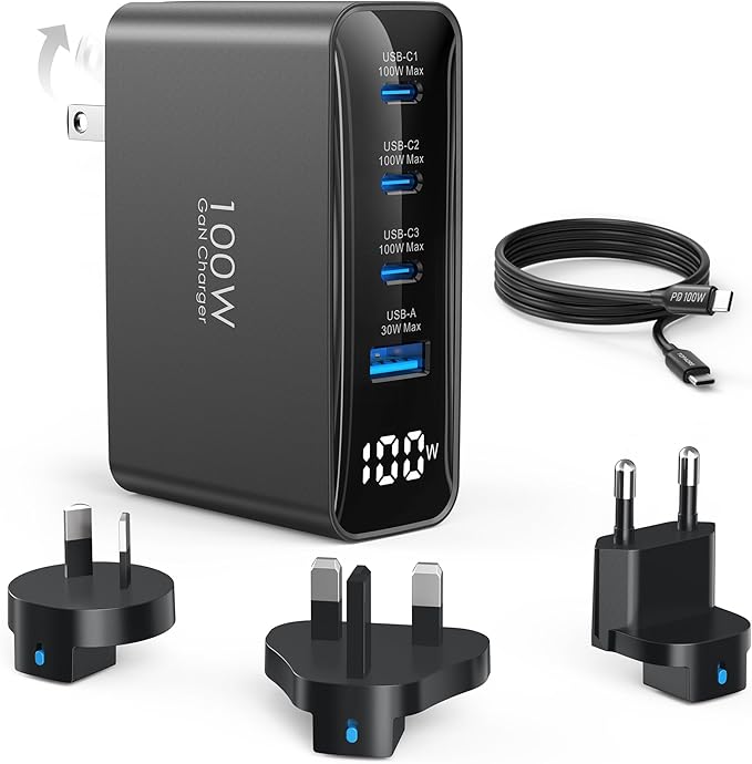 100W USB C Travel Charger, 4-Ports Foldable Travel Adapter Plug Converter with UK/EU/AU Plugs, Fast Charging for MacBook Pro/Air, iPad Pro, iPhone 15/14 Pro Max, for 45w Samsung Galaxy, Black