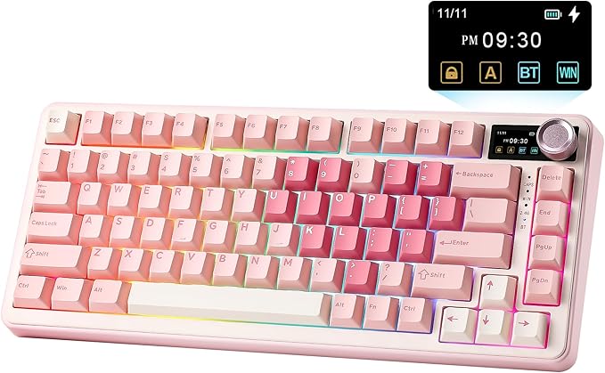 YUNZII B75 PRO MAX QMK/VIA Wireless Mechanical Keyboard,75% Layout with Screen and Knob,Hot Swap Gasket,Creamy Pre-lubed Switches,Bluetooth/Type-C/2.4G for Win/Mac (Pink Heart,Cocoa Cream V2 Switch)