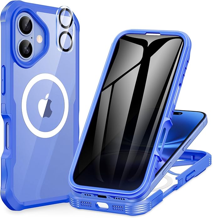 CENHUFO Magnetic Privacy for iPhone 16 Case [Compatible with Magsafe] Full Body Phone Case Built-in 9H Tempered Glass Privacy Screen Protector and Camera Lens Cover, Shockproof Bumper -Light Blue