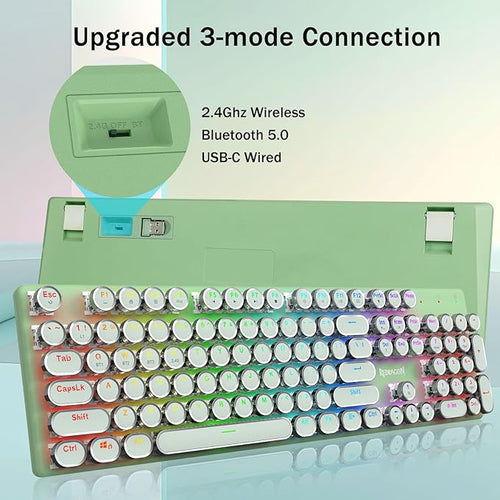 Redragon K710 Wireless Typewriter Mechanical Gaming Keyboard, Bluetooth/2.4Ghz/Wired, RGB Led Backlit, Blue Switch - Clicky, Rechargeable, Solid Metal Panel, Round Keycaps, Green