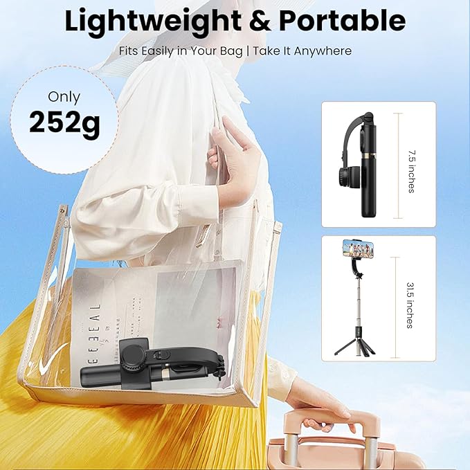 Smartphone Gimbal Stabilizer, 1-Axis Auto Balance & 360° Rotation, Extendable Aluminum Selfie Stick Tripod with Remote Control for iPhone & Android,Travel, Vlogging, TikTok, YouTube