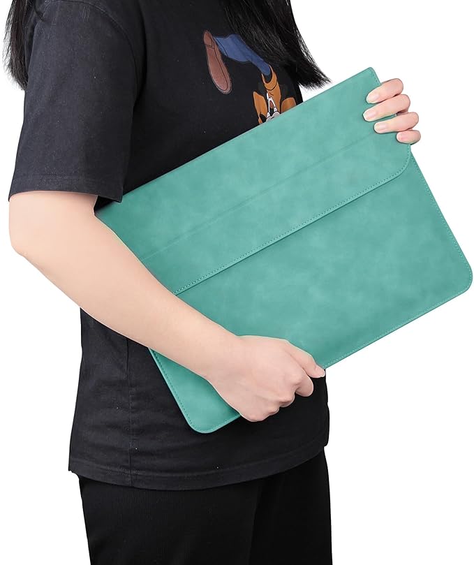 Megoo 15" Slim Laptop Case Sleeve with Stand for Samsung Galaxy Book 15.6", MacBook Air 15.3"/Pro 16.2", Microsoft Surface Laptop 7/6/5 15.6", Leather Case for 15" 16" Chromebook Notebook(Cyan)