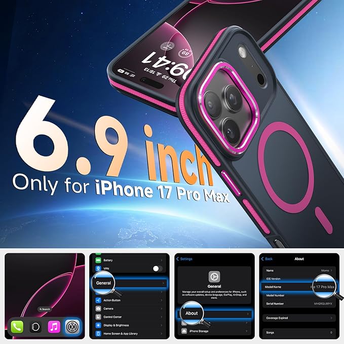 Magnetic 3 in 1 for iPhone 17 Pro Case, [Omni-Directional Protection] with 1x Screen Protector + 1x Camera Cover, [Seamless Work with Magsafe] Shockproof Slim Thin Case for iPhone 17 Pro Hot Pink