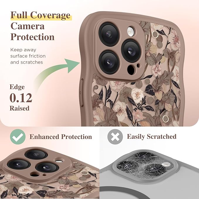 GVIEWIN for iPhone 14 Pro Max Case Compatible with MagSafe [Curly Wave Edge][Full Camera Protection] Floral Translucent Shockproof Magnetic Women Phone Case for 14 Pro Max, Apricot Blossom/Brown