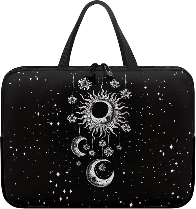Sun Moon Stars Laptop Sleeve Case for Women Protective Soft Padded Zipper Cover Carrying Computer Bag Compatible with 12 Inch Notebook Chromebook Tablet, Galaxy Space, Black