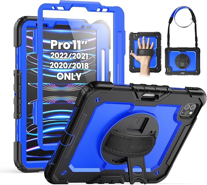 SEYMAC Case for iPad Pro 11 Case 4th/ 3rd/ 2nd/ 1st Gen (2022/2021/2020/2018), Full-Body Shockproof Protective Case with Screen Protector, 360° Rotating Stand and Hand/Shoulder Strap, Blue