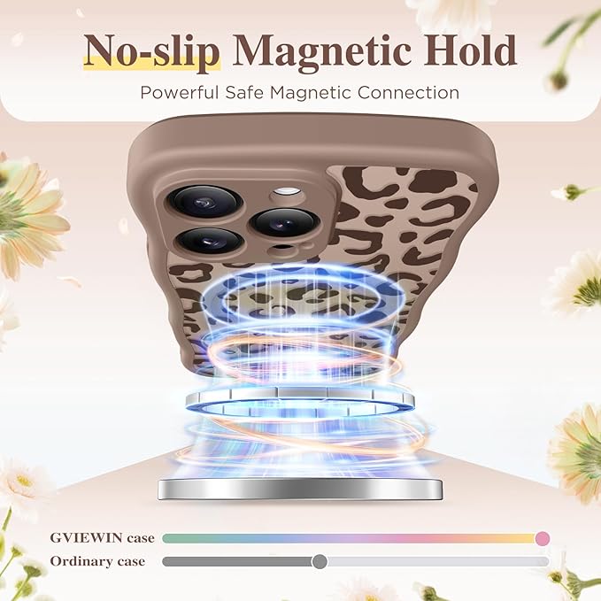 GVIEWIN for iPhone 16 Pro Max Case Compatible with MagSafe [Curly Wave Edge][Full Camera Protection] Floral Translucent Shockproof Magnetic Women Phone Case for 16 Pro Max, Leopard/Brown