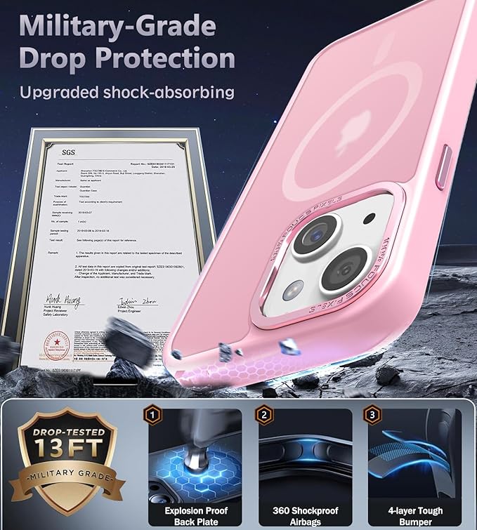 Newfuture Designed for iPhone 13 Case & iPhone 14 Case with Magnetic [13 FT Military Drop Protection] [Compatible with Magsafe] Slim Translucent Shockproof with Anti-Fingerprint Phone Case, Chalk Pink