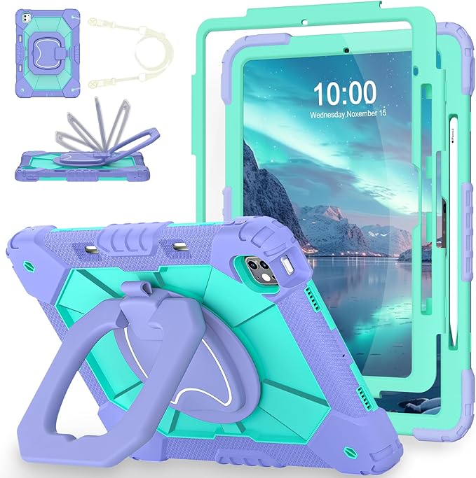 WESOROL for iPad Pro 13 Inch Case M5 2025/M4 2024 (7th Gen) with Screen Protector/360° Rotating Stand/Pencil Holder/Shoulder Strap,Military Grade Shockproof iPad Case 13 Inch Pro M5/M4,Purple Green