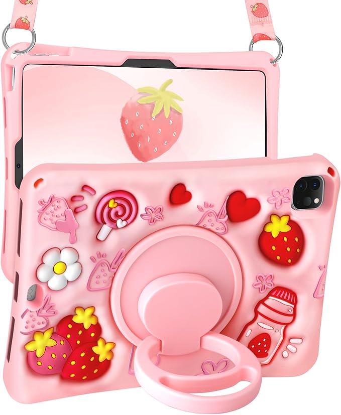 Boaretiu for iPad Air 11 inch Case(Air M4 2026, 8th Gen/M3 2025/M2)/Air 5th/4th Gen 10.9", for iPad Pro 11 inch Case(4th/3rd/2nd/1st Gen) - Cute Strawberry Silicone Shoulder Strap & Stand for Girls