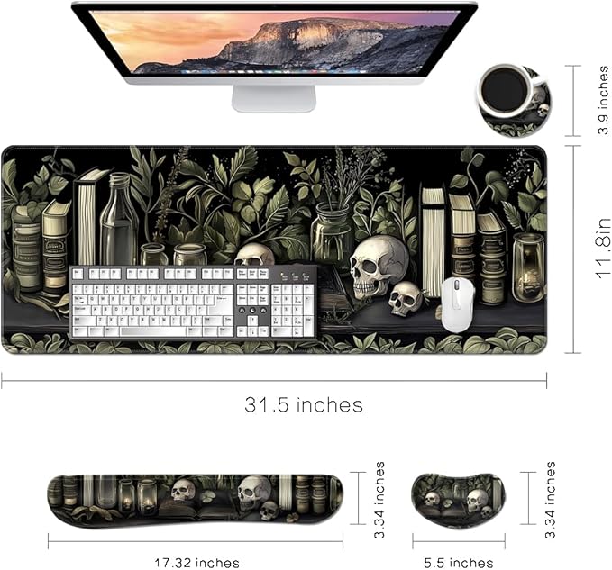 MIBITRI Keyboard Mouse Pad Set, Extended Gaming Mouse Pad+Ergonomics Keyboard Wrist Rest Support, Memory Foam, Easy Typing Pain Relief, 4Pcs XXL Ultra Thick Desk Mat, Dark Academia