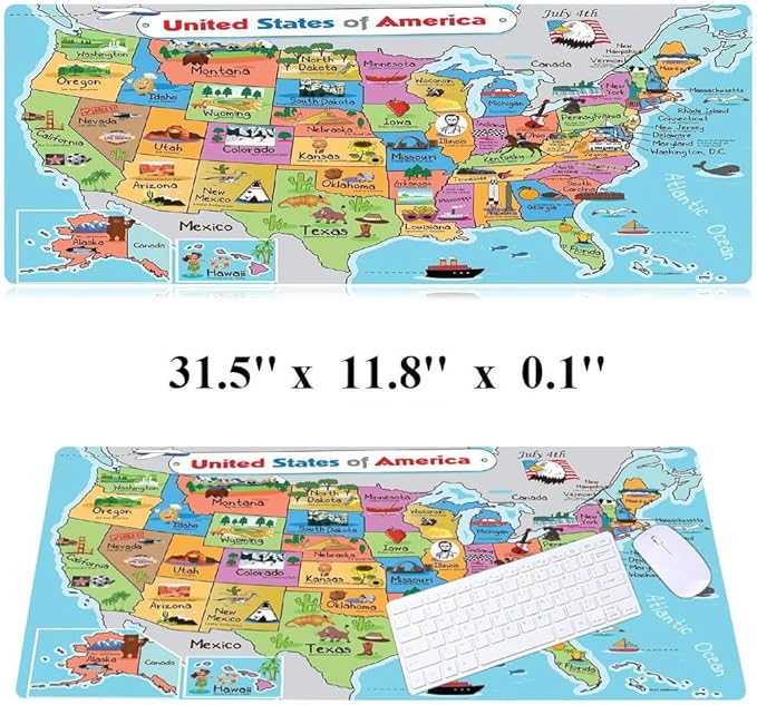31.5x11.8 Inch Non-Slip Long Extended Large Gaming Mouse Pad with Stitched Edges XL Laptops Keyboard Mouse Mat(American Map)