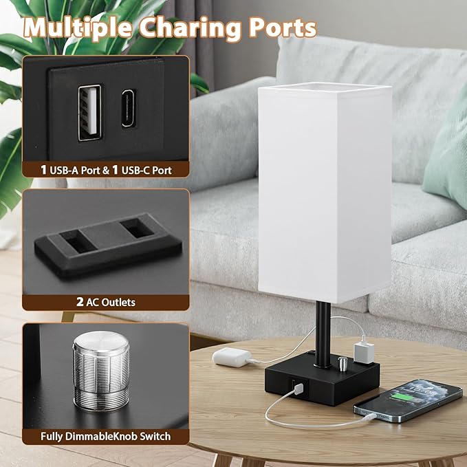 aooshine White Fully Dimmable Nightstand Lamps Set of 2 - Table Bedside Lamp with USB C+A Charging Ports & 2 AC Outlets, Square Lamp Sets Linen Fabric Shade for Bedroom Living Room(Bulb Included)