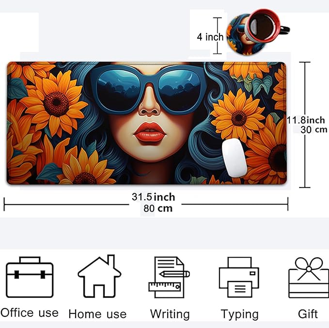 Large Mouse Pad, 31.5 x 11.8in Extended Gaming Mouse Pad with Stitched Edges, XXL Desk pad Protector Non Slip Rubber Base for Office Home Writing Mat,African American Pretty Girl Sunflower Woman
