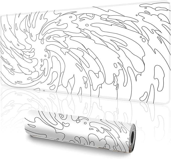 Gaming Mouse Pad L (31.5x11.8in) - Abstract White Line Art Waves, Japanese Doodle Style - Desk Mat, Water Resistant Surface