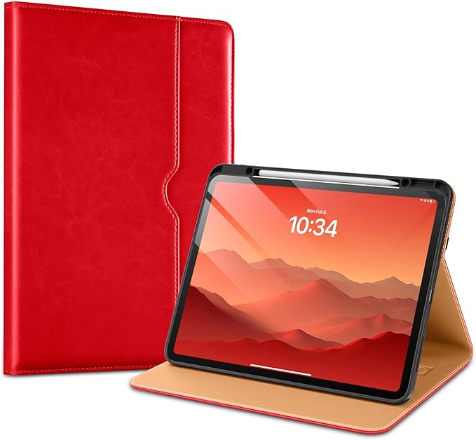 VIKESI Case for iPad Pro 13-inch M5 or M4 Released in 2025 or 2024, Leather Stand Cover with Apple Pencil Holder, Auto Wake/Sleep, Multiple Viewing Angles, Built in Hand Strap & Pocket,Bright Red