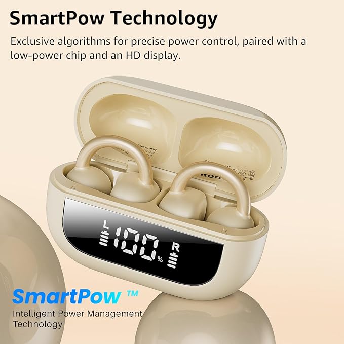 TOZO OpenEarRing True Open Ear Earbuds, Lightweight Comfort Open Ear Clip Wireless Earbuds, 40H Play Bluetooth 5.4 Headphones with Smart Digital Display Design Fit Sports Running, Workout Khaki