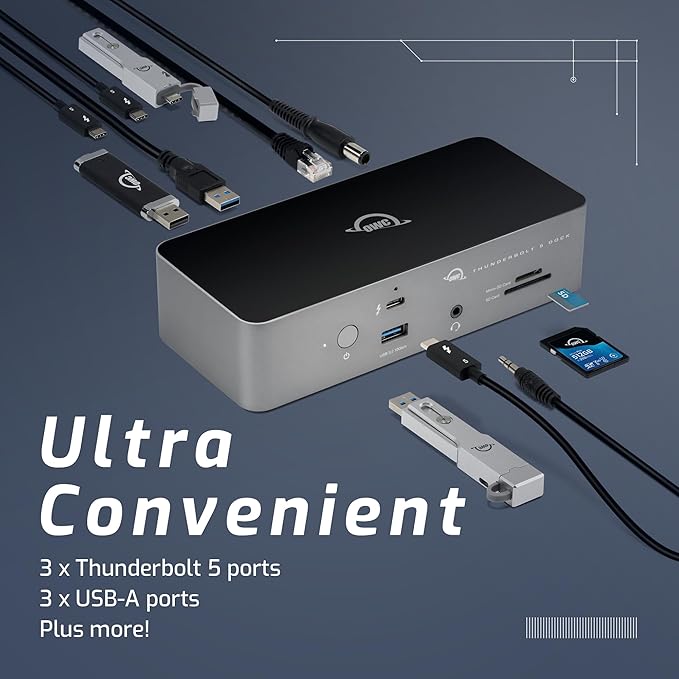 OWC 11-Port Thunderbolt 5 Docking Station, 2.5GbE, SD/Micro-SD Card Reader, Audio in/Out Jack, USB 3.2 Type-A Ports, 140W Power Delivery