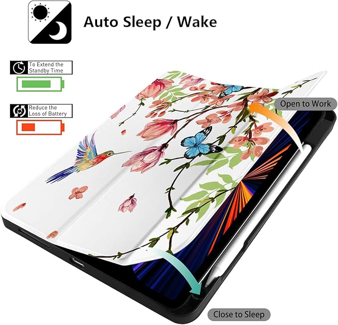 MEEgoodo for iPad Pro M2 12.9 Case 6th/5th/4th/3rd Generation 2022 2021 2020 2018 with Pencil Holder, Tablet Cover with Soft TPU Back Shell, Birds & Flowers