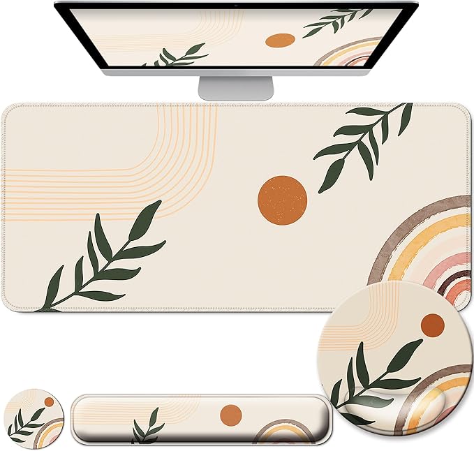 Desk Mat Set + Keyboard and Mouse Pad with Wrist Rest Support,4-in-1 Large Mousepad Computer Mats for Desktop Home & Office-Boho Leaves