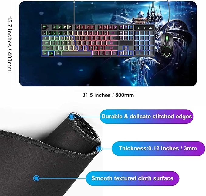 Mouse Pad XXL Lich King,Extra Large Gaming Mousepad Laptop Desk Pad Mat,Non-Slip Rubber Base,Stitched Edges,Smooth Fabric,Computer Keyboard & Mice Combo Pads 31.5x15.7