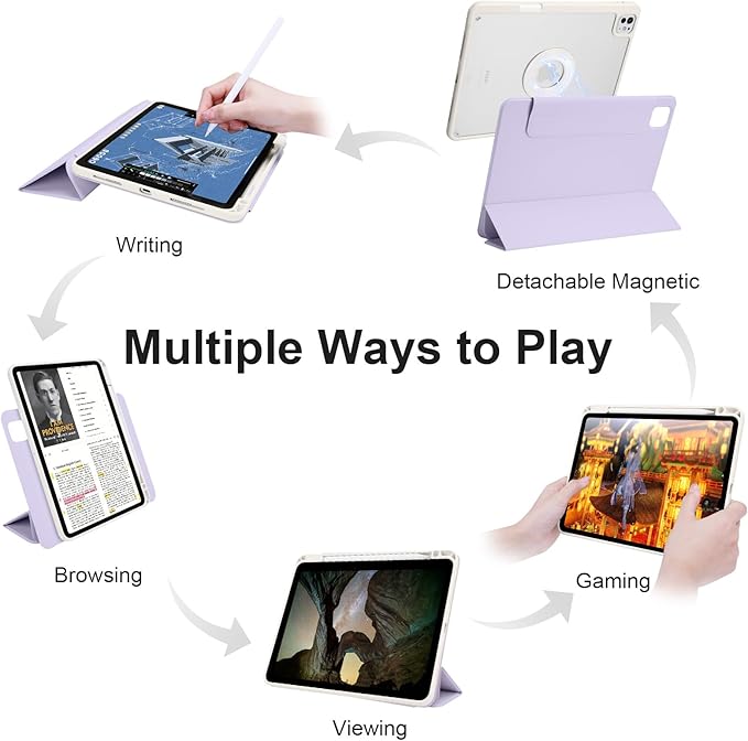 Case for iPad Pro 11 inch M5/M4 (2025/2024, 6th/5th Generation), Removable and Detachable Magnetic Cover with Pencil Holder, Vertical Adjustable Stand, Tri-Fold Multi-Angle, Lilac+White