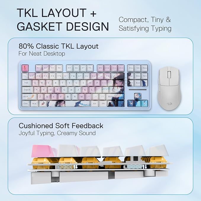 Redragon K728 PRO SE 80% 87 Keys Wireless Gasket RGB Gaming Keyboard, 3-Mode Anime Mechanical Keyboard w/Hot-Swap South-Facing LED Socket, 5-Layer Noise Dampening, Custom Hi-Fi Linear Switch