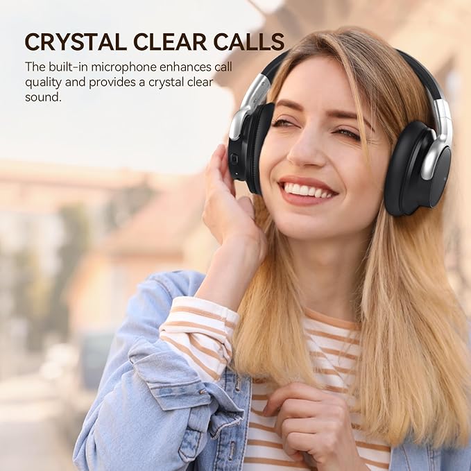 AUSDOM Bluetooth Noise Cancelling Headphones: E7 Wireless Over Ear ANC Headphones with Microphone, 50H Playtime, Hi-Fi Sound, USB C Charge, Comfortable Earpads for Travel Work Adults, Silver Black