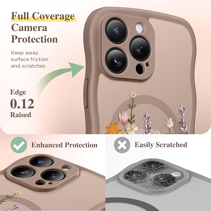GVIEWIN for iPhone 15 Pro Case Compatible with MagSafe [Curly Wave Edge][Full Camera Protection] Floral Translucent Shockproof Magnetic Women Phone Case for iPhone 15 Pro 6.1'', Primrose/Brown