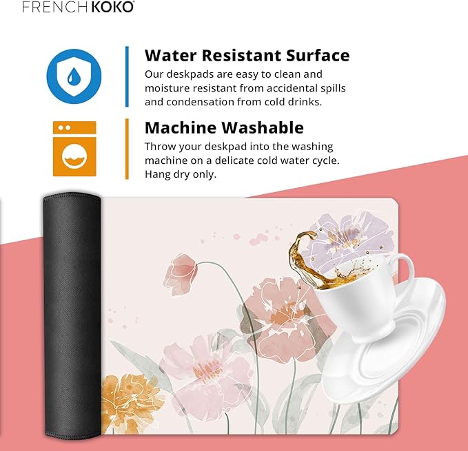 French KOKO Desk Mat, Large Desk Pad Large Mouse Pad Cute Big Desk Pad XXL Extended Gaming Mouse Pad for Desk Rubber Base Mousepad Mat for Work Game Girls (Soft Flowers, 36" x 16.5")