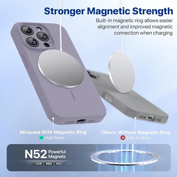 Miracase Magnetic for iPhone 15 Pro Case, [Soft Anti-Scratch Microfiber Lining], Compatible with MagSafe, Liquid Silicone Shockproof Drop Protection Phone Case for 15 Pro, Lavender Gray