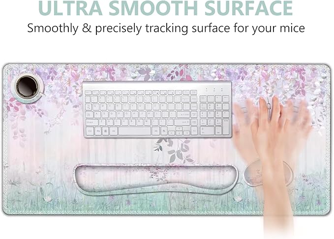 DINKY Keyboard Mouse Pad Set, Large Gaming Mousepad + Memory Foam Ergonomic Keyboard Wrist Rest Support, Easy Typing Pain Relief, 4Pcs (35.4" x 15.7") Extended Desk Mat-Leaves