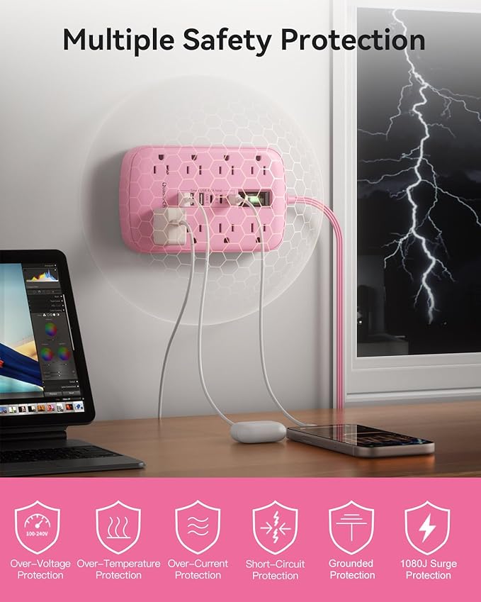 Pink Extension Cord with Surge Protector - 5 FT Kawaii Power Strip, Cute Extension Cord with 6 USB(3 USB C) and 8 Outlets, Pink Desk Accessories for Girl Cute Kawaii Room Decor Gifts Office Dorm Home