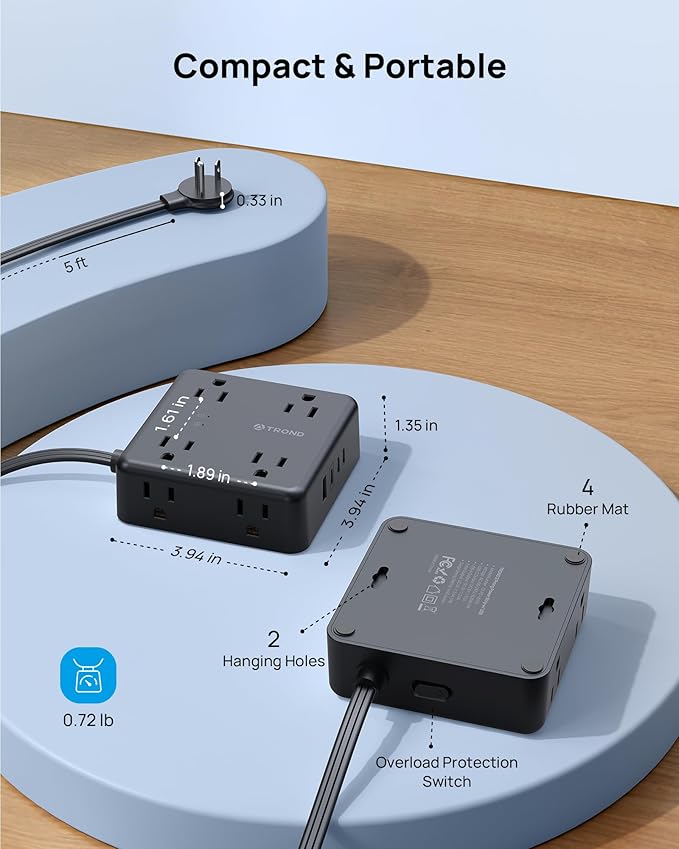 TROND Surge Protector Power Strip, 5FT Flat Plug Extension Cord with 8 Outlets & 4 USB Ports (3 USB C), 1625W, Wall Mount Outlet Extender for Home Office Dorm Room Essentials, Black