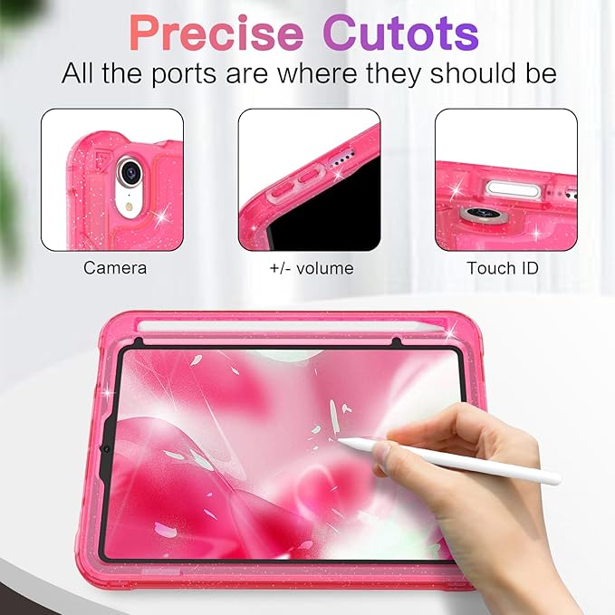 ZoneFoker Case for iPad mini A17 Pro, for iPad mini 7th/6th Generation Case 8.3 inch 2024/2021 with Pencil Holder/Stand, Slim Cover for i Pad Mini 7/6 (Translucent Glitter Hot Pink)