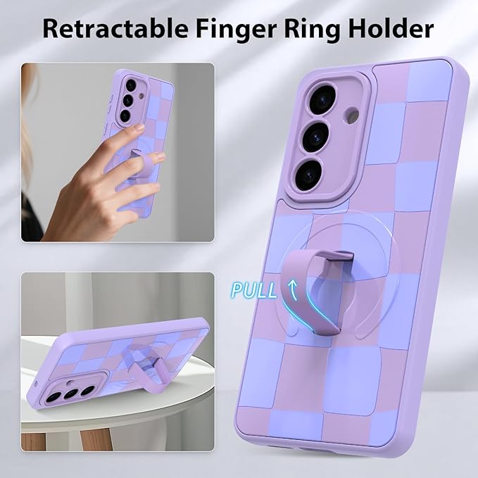 KANGHAR Compatible with Samsung Galaxy S26 Case, Support for MagSafe, Silicone Checkered Cute Pattern, Wristband Kickstand Camera Protection Soft Slim Cover for Girls Women -Purple