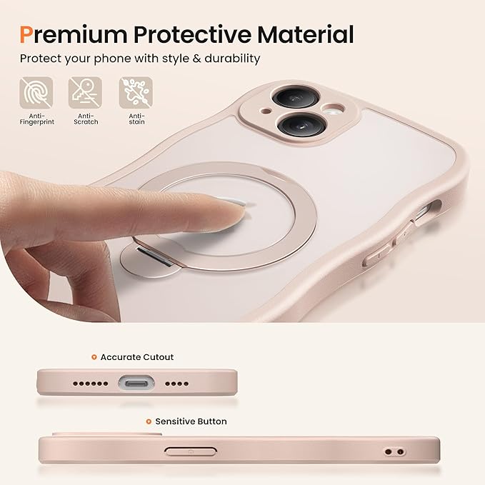 CAPRARO for iPhone 15 Plus Case with 360° Spin Magnetic Stand for Women, [Compatible with MagSafe] [Full Camera Protection] Cute Wave Translucent Matte Case for iPhone 15 Plus, Rose Gold