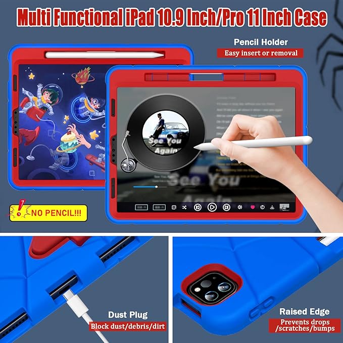 AKABEILA Compatible with Apple iPad Pro 11 inch(2018)/Apple Air 4 10.9(2020)/Air 5 10.9(2022)/Air 6 M2 (2024)/Air 7 M3 (2025) Tablet Case，Cover for Kids Boys Babies with Kickstand Blue Red