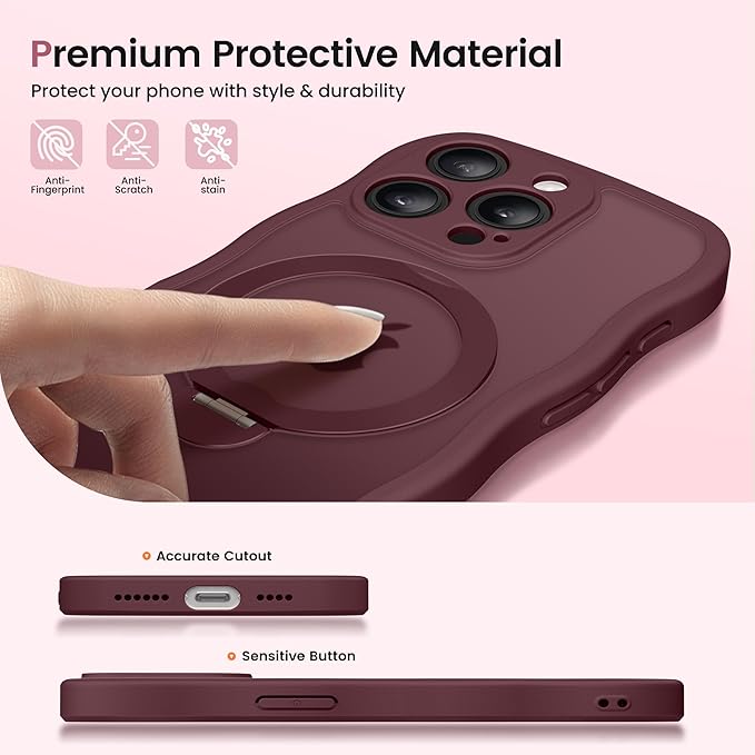 CAPRARO for iPhone 15 Pro Max Case with 360° Spin Magnetic Stand for Women, [Compatible with MagSafe] [Full Camera Protection] Cute Wave Translucent Matte Case for iPhone 15 Pro Max, Wine Red
