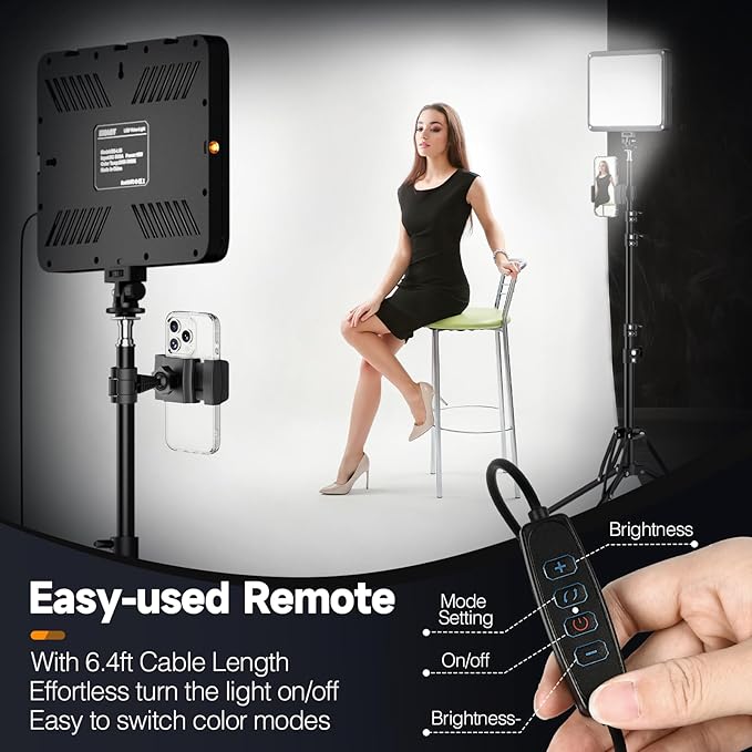 EMART LED Video Light Kit with Phone Holder & Barndoor, 2800-7000K Dimmable Studio Lights for Video Recording, 73'' Height for Live Streaming, YouTube, Vlog, Photography, Content, Podcast, 1-Pack