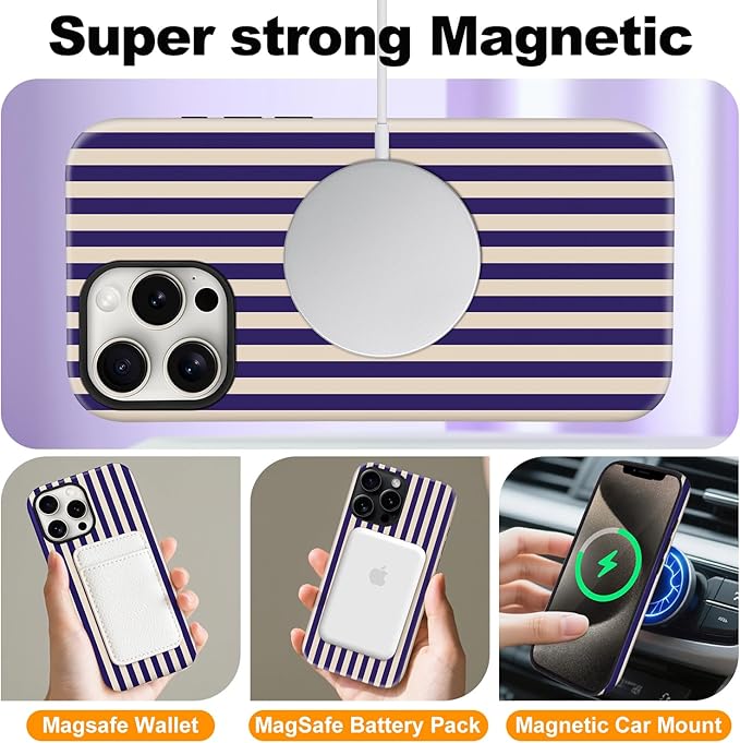 Magnetic for iPhone 14 Pro Max Case Cute Stripes Phone Case, Shockproof Slim TPU and Hard PC Protective Phone Cover Compatible with MagSafe Designed for Women Girls, Deep Purple
