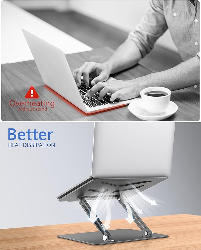 JCZT Aluminum Laptop Stand, Laptop Stand for Desk, Adjustable Height Ergonomic Computer Stands Compatible with MacBook Air, Pro, Dell, HP, Lenovo More, All 10-16'' Notebooks Laptops, Classic Grey