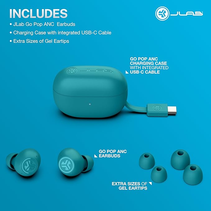 JLab Go Pop ANC, True Wireless Earbuds, Active Noise Cancelling, Bluetooth Earbuds with Charging Case, Teal