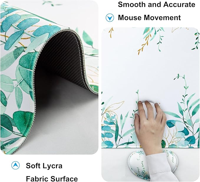 Keyboard Wrist Rest + Mouse Pad with Wrist Support + Desk Mat + Coaster 4 in 1 Set, XXL Large Gaming Mousepad Cute Ergonomic Mouse Pads for Desk Computer Laptop Office Decor-Eucalyptus