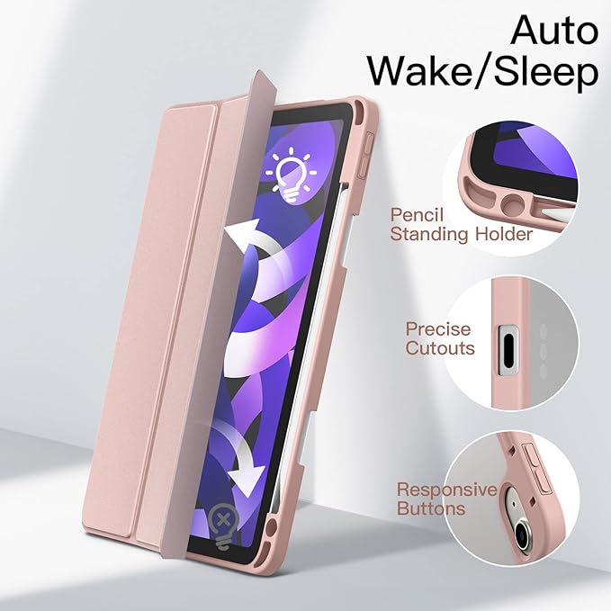 JETech Case ONLY for iPad Air 11-Inch M4/M3/M2 (2026/2025/2024), iPad Air 5/4 (2022/2020 5th/4th) with Pencil Holder, Clear Transparent Back Slim Stand Shockproof Tablet Cover (Rose Gold)